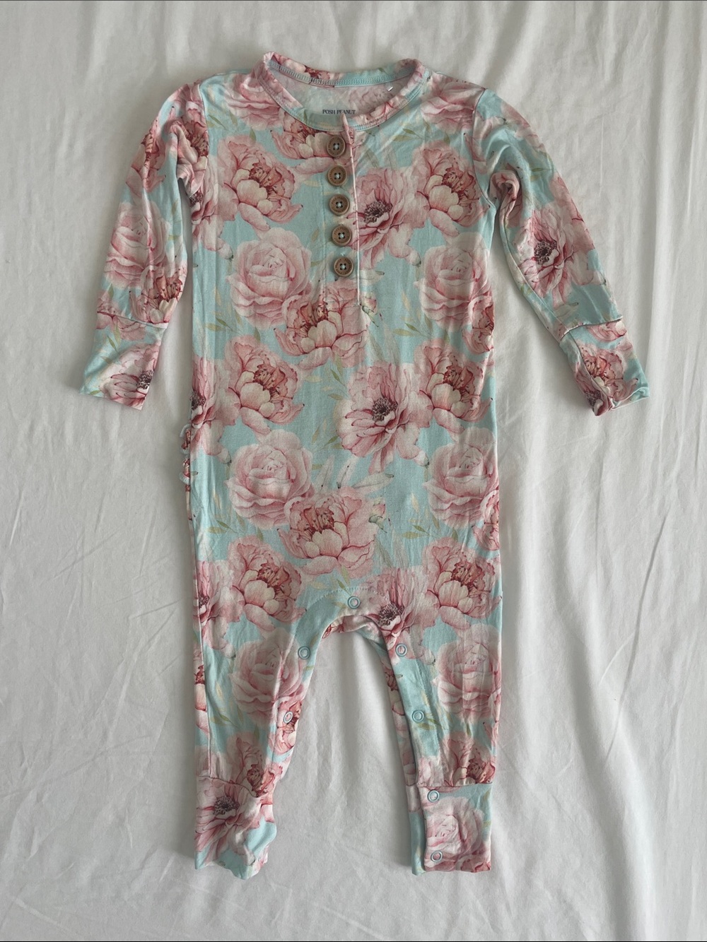 Posh Peanut Ruffle Henley Floral One-Piece in Light Blue and Pink 12-18M (NWOT)